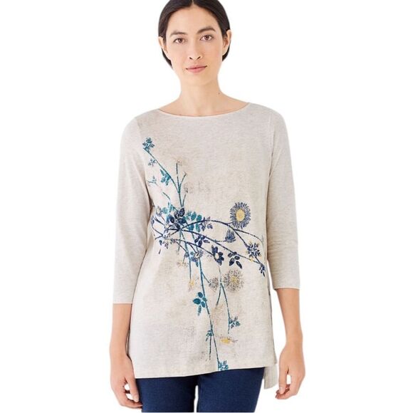 J. Jill pure Jill oatmeal blue floral print top size large - Picture 1 of 6